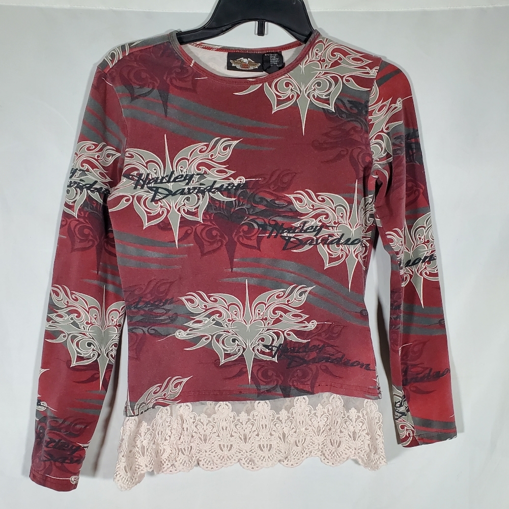 HARLEY DAVIDSON BURGUNDY BIKER TRIBAL LONG SLEEVE LACE TRIM SHIRT